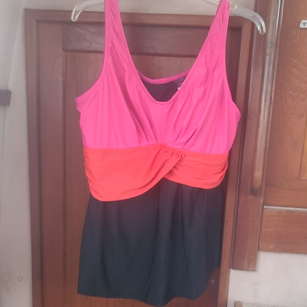 Vibrant Pink, Red, and Black Tankini Swim Top By Motherhood